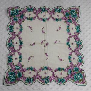 Vintage Ladies Hankie Mid Century Violets Teal Floral Handkerchief Scalloped Rag